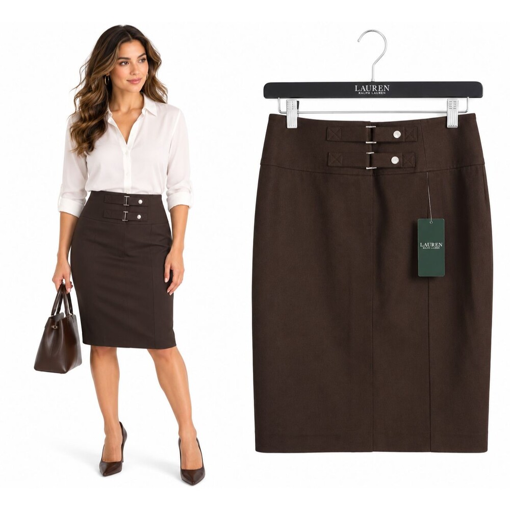 New Lauren Ralph Lauren Brown Pencil Skirt Size 6 Double Buckle Career